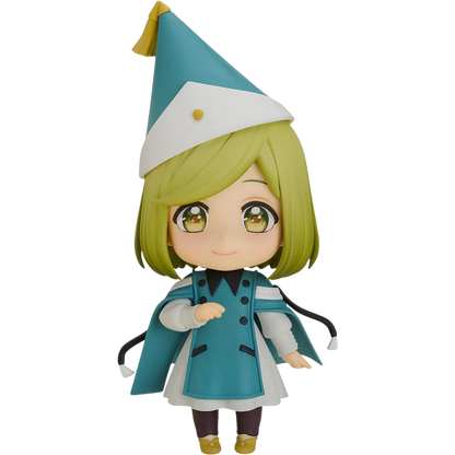 Anime character figurine with green hair and a blue outfit on a white background