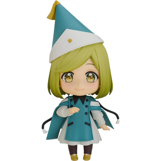 Anime character figurine with green hair and a blue outfit on a white background