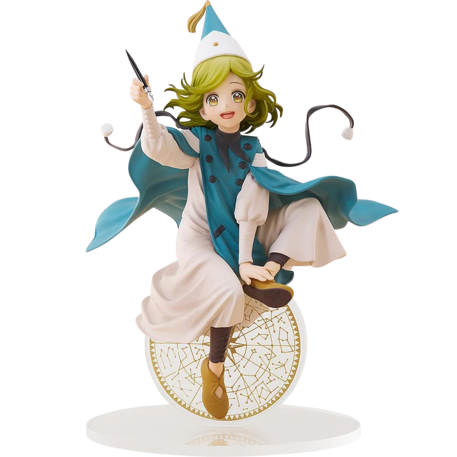 Figurine of a character with green hair and a blue and white outfit on a white background
