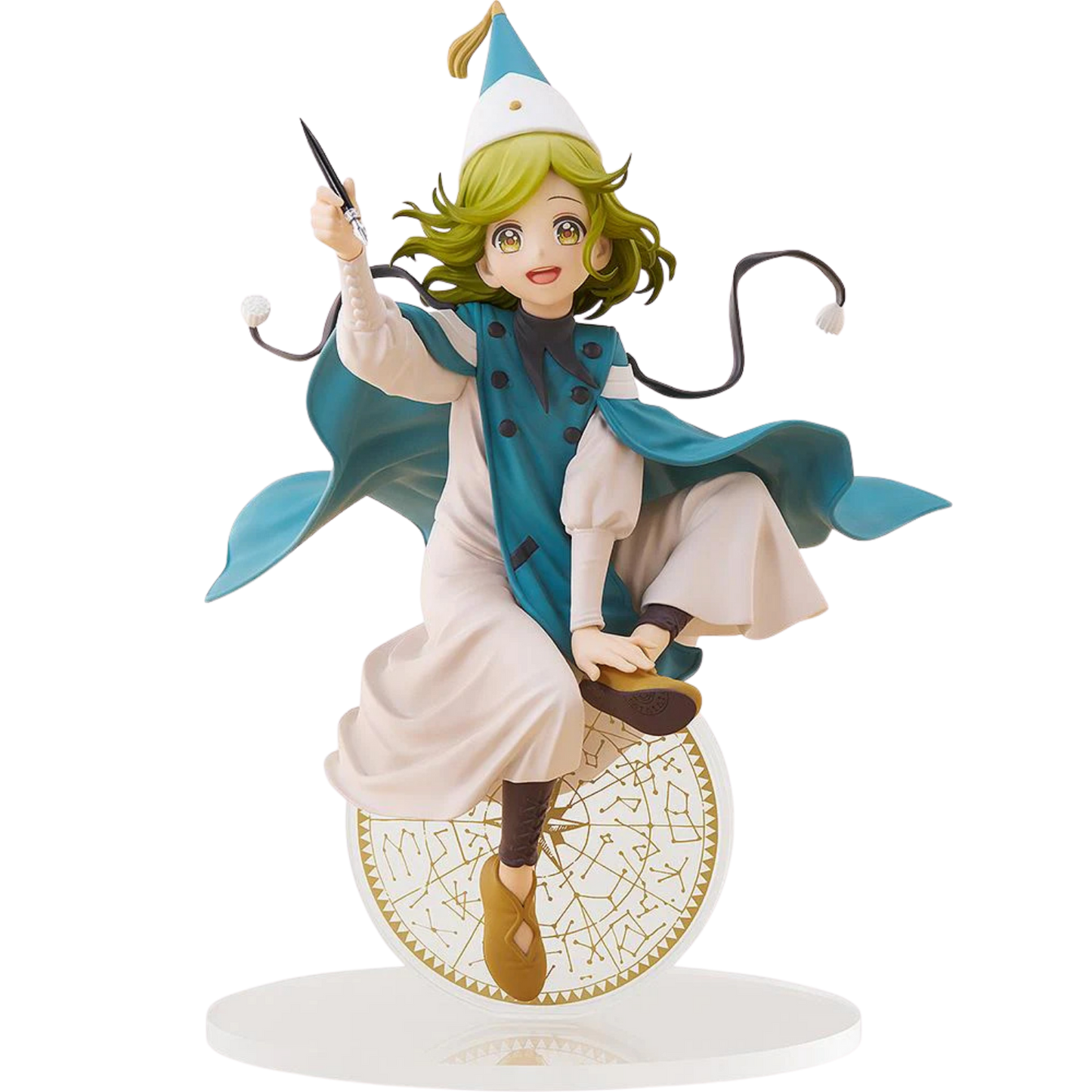 Figurine of a character with green hair and a blue and white outfit on a white background