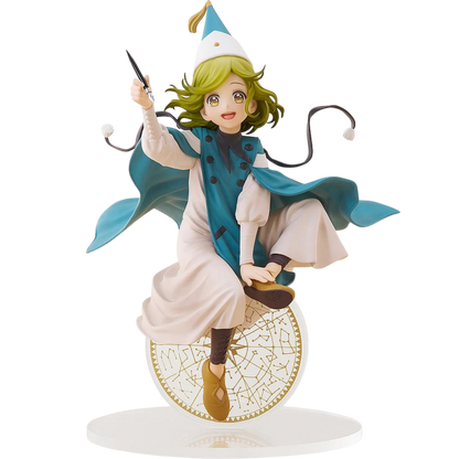 Figurine of a character with green hair and a blue and white outfit on a white background