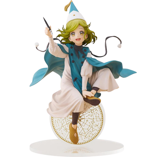 Figurine of a character with green hair and a blue and white outfit on a white background