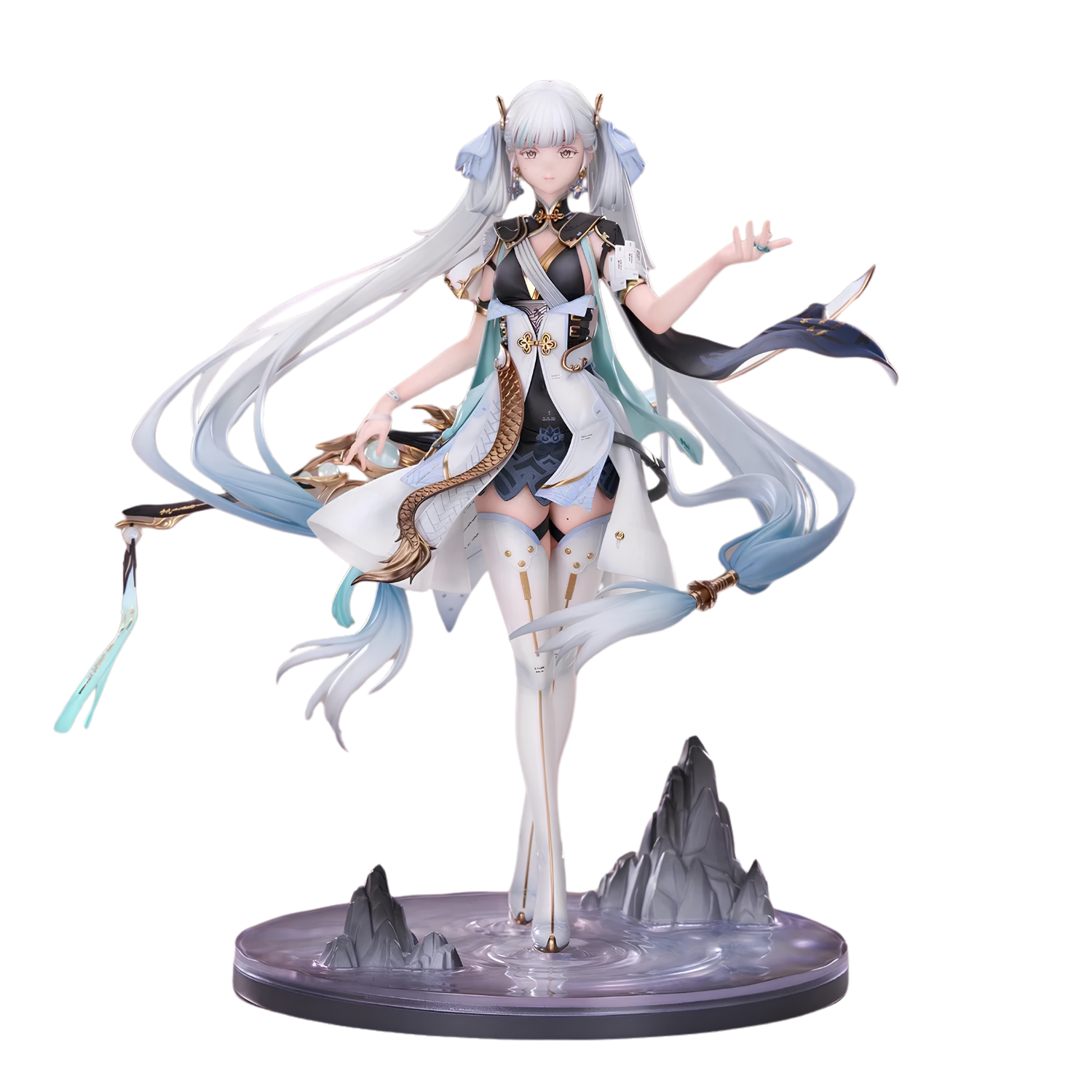 A detailed anime-style figurine of a female character with long white and blue hair, wearing a white and black outfit with teal accents, posed dynamically on a circular base with small gray mountain shapes.