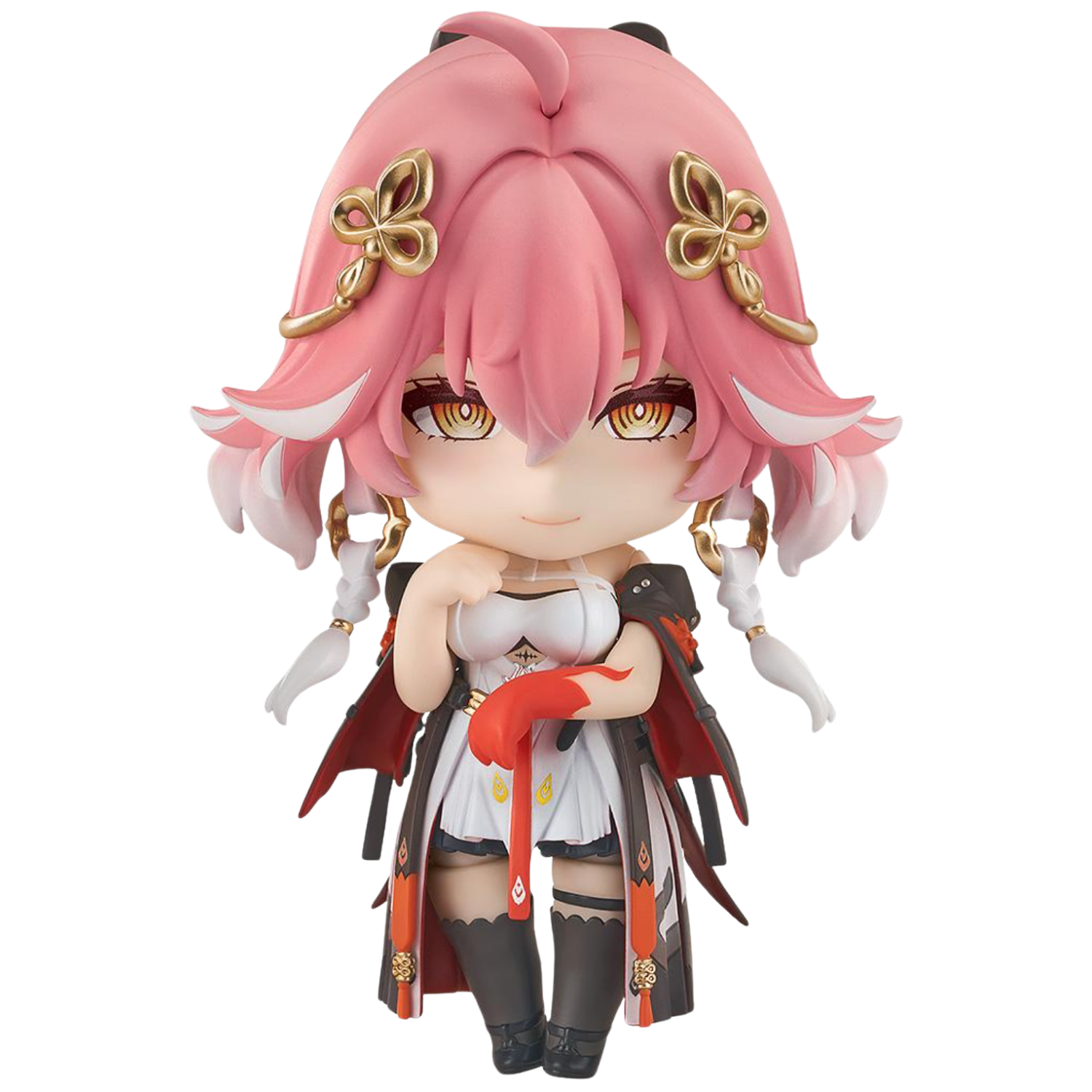Anime character figurine with pink hair and butterfly accessories on a white background
