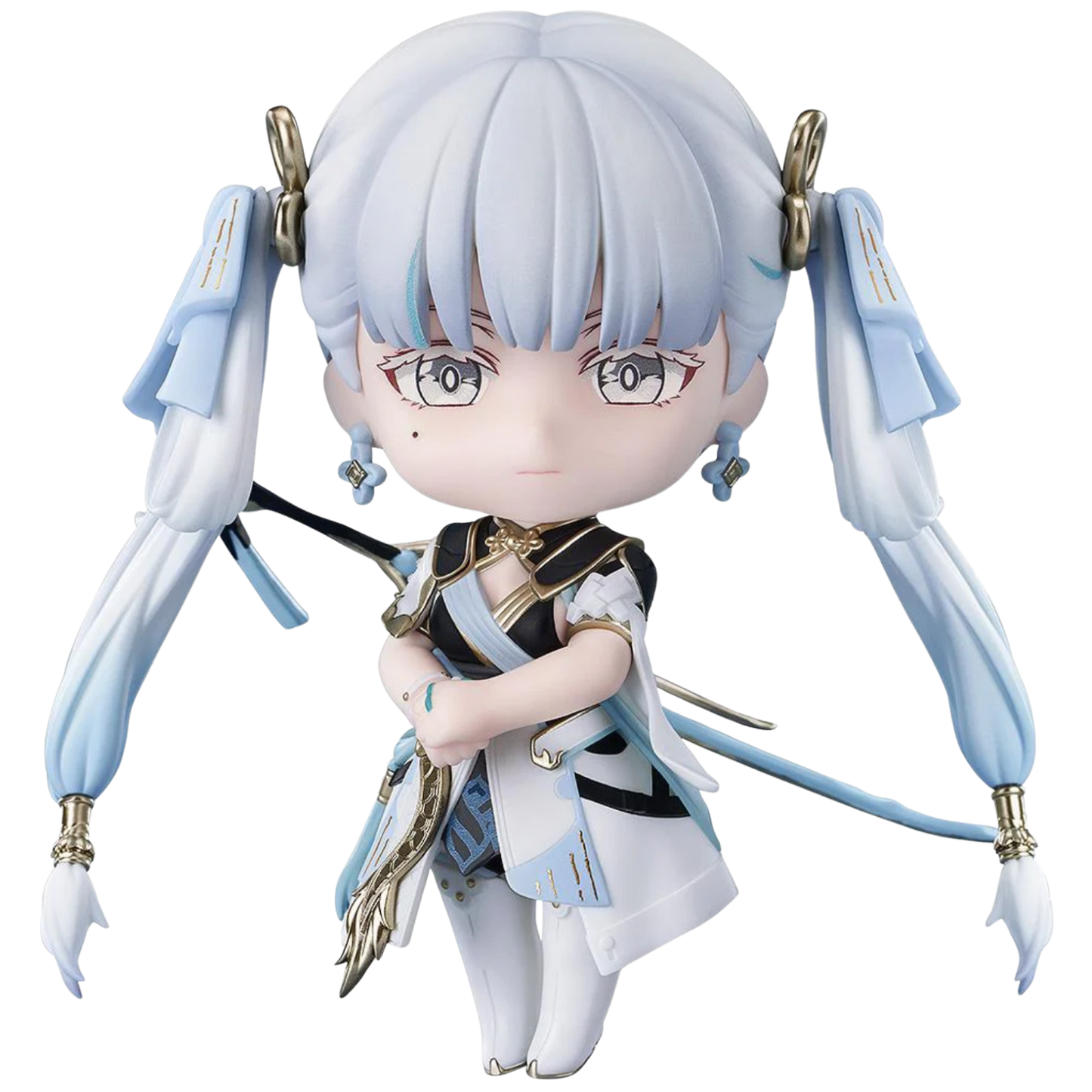 Anime character figurine with blue hair and white outfit on a white background