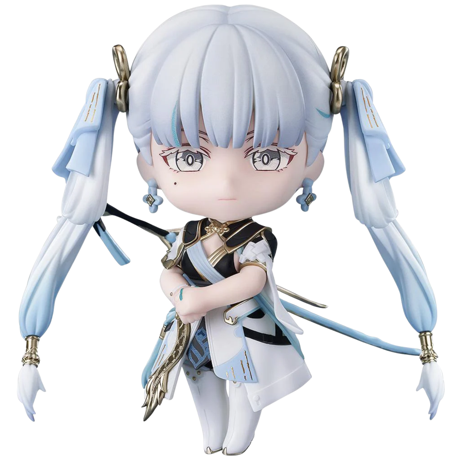 Anime character figurine with blue hair and white outfit on a white background