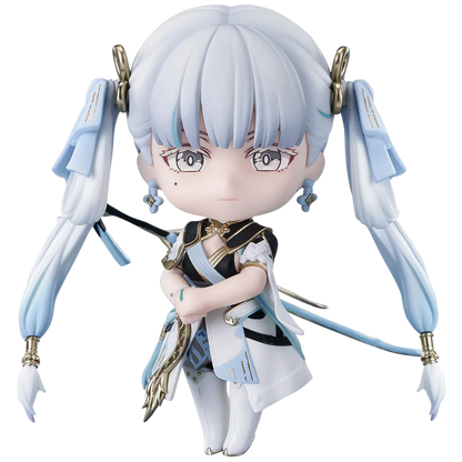 Anime character figurine with blue hair and white outfit on a white background
