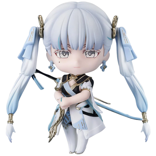 Anime character figurine with blue hair and white outfit on a white background