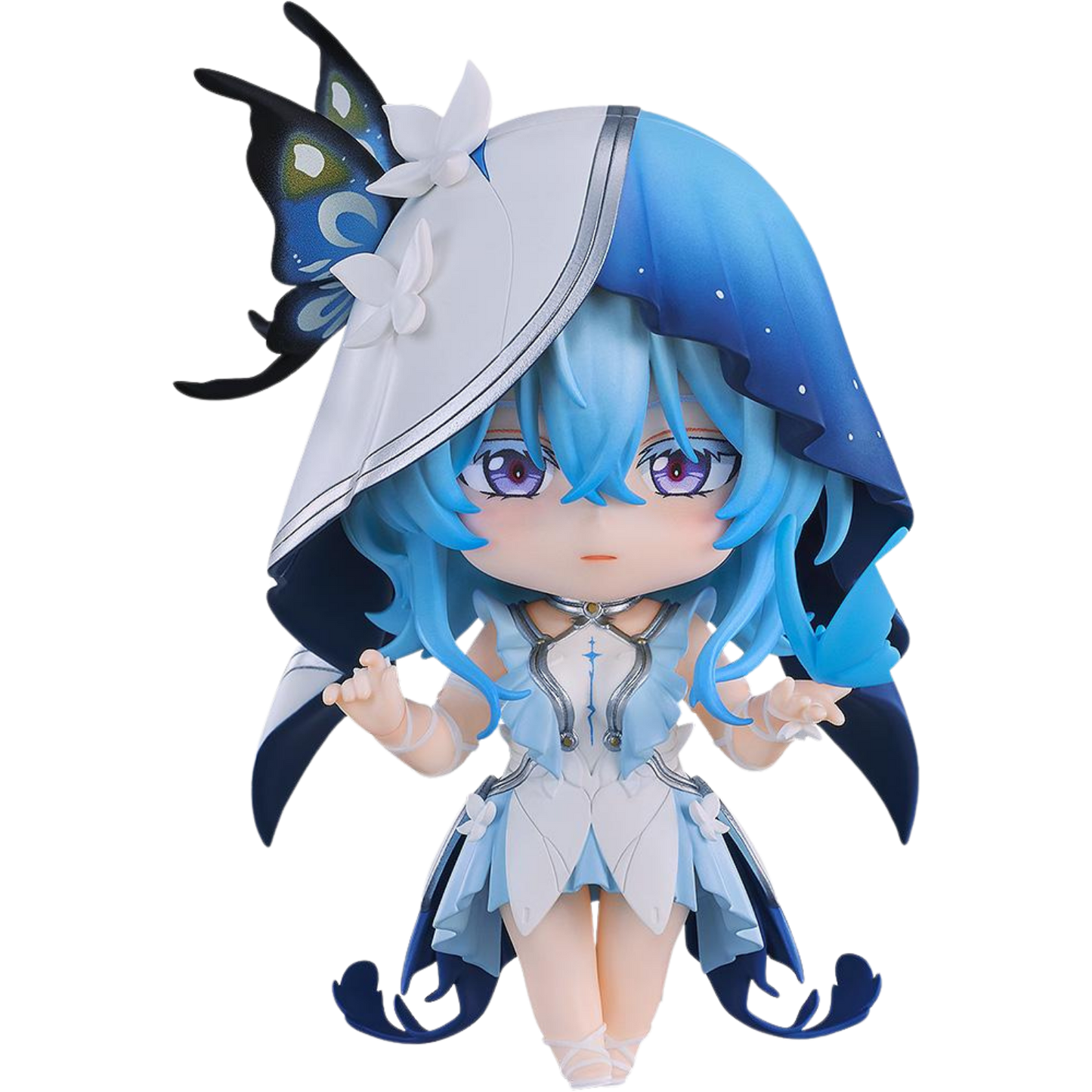 Anime character figurine with blue hair and butterfly wings on a white background