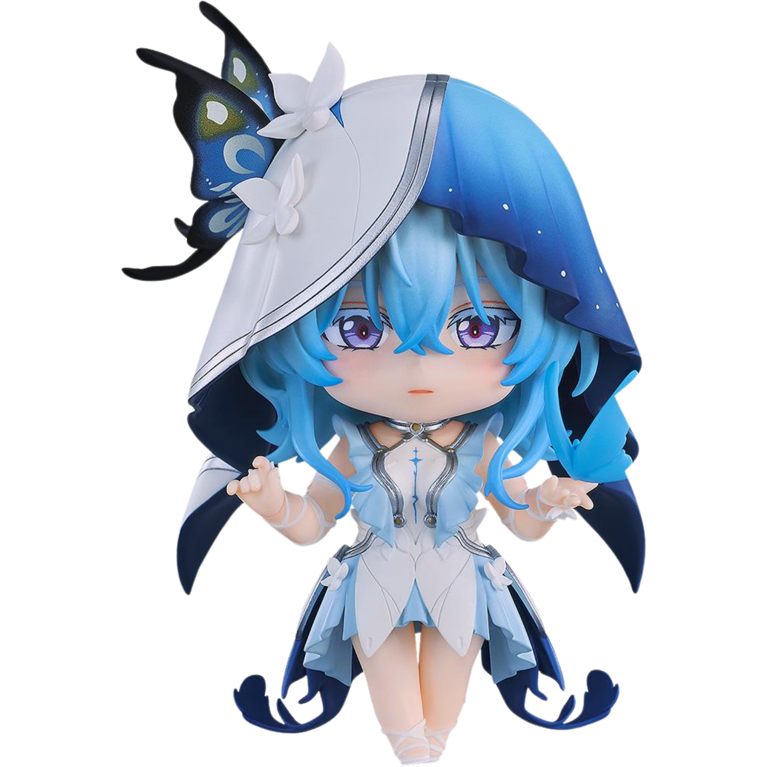 Anime character figurine with blue hair and butterfly wings on a white background