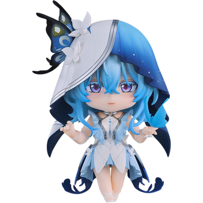 Anime character figurine with blue hair and butterfly wings on a white background