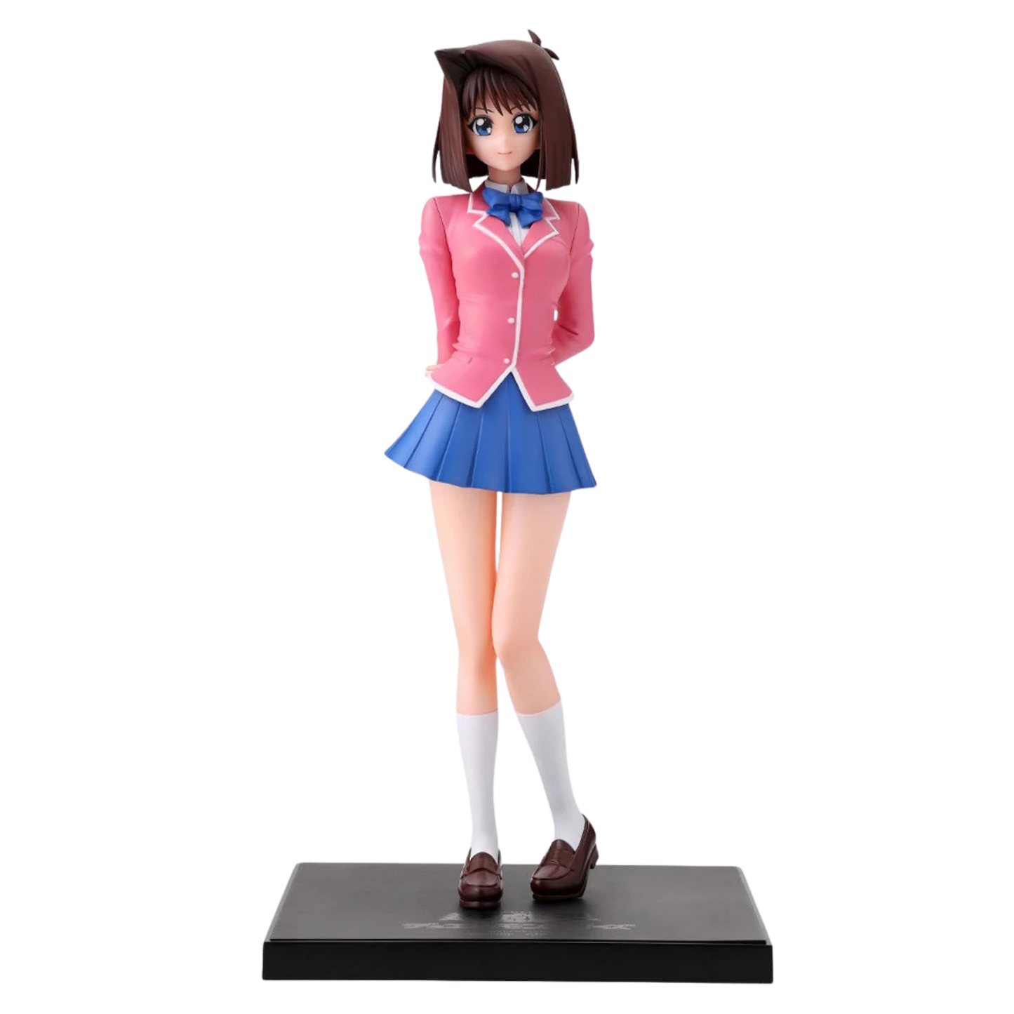 Figure of a character in a pink jacket and blue skirt on a white background