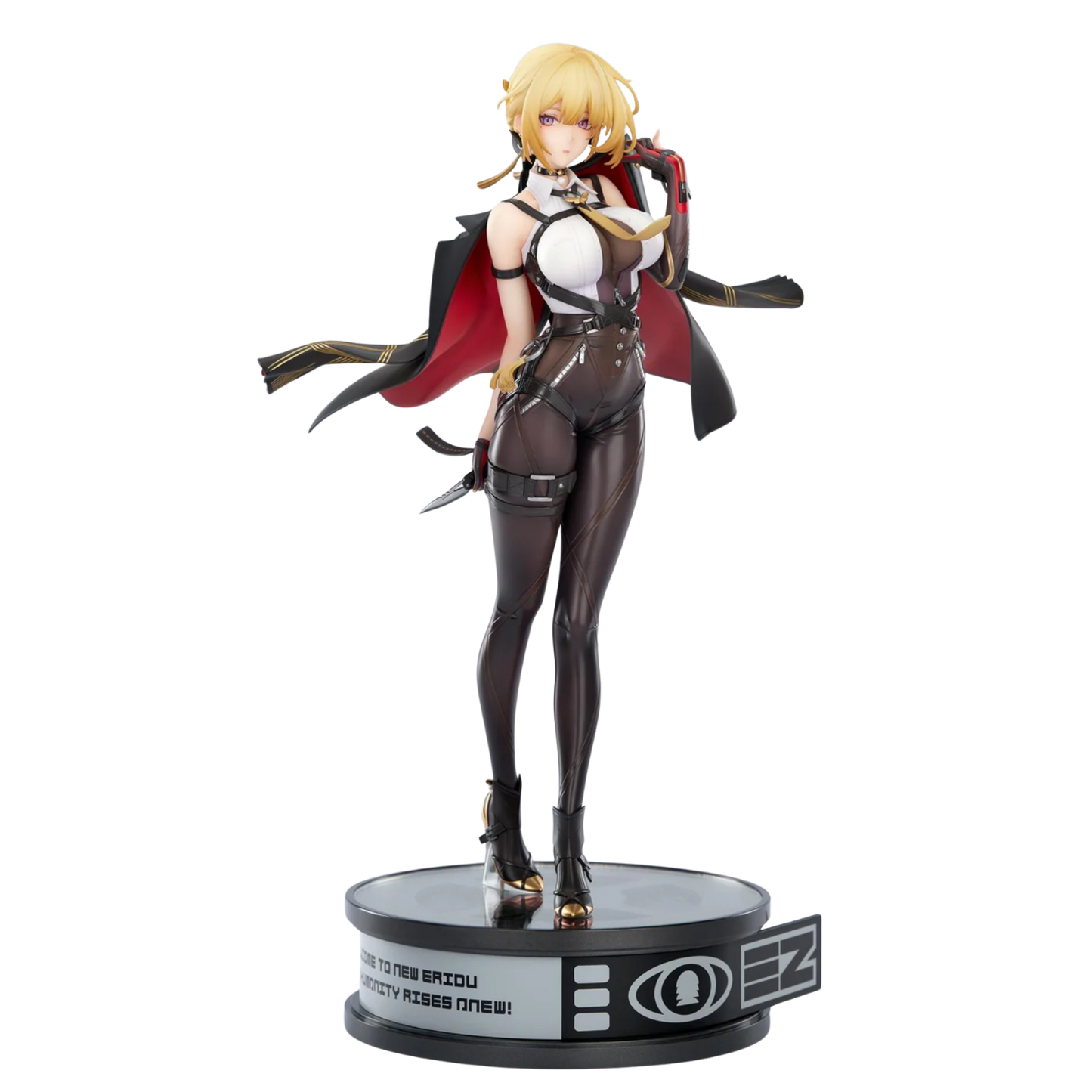 Figurine of a character in a black and red outfit on a white background