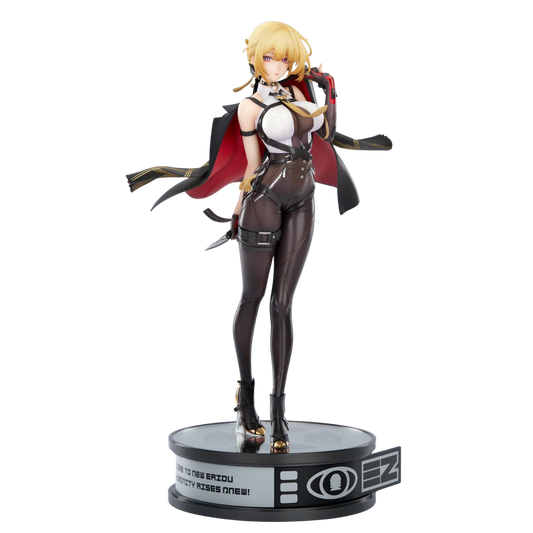 Figurine of a character in a black and red outfit on a white background