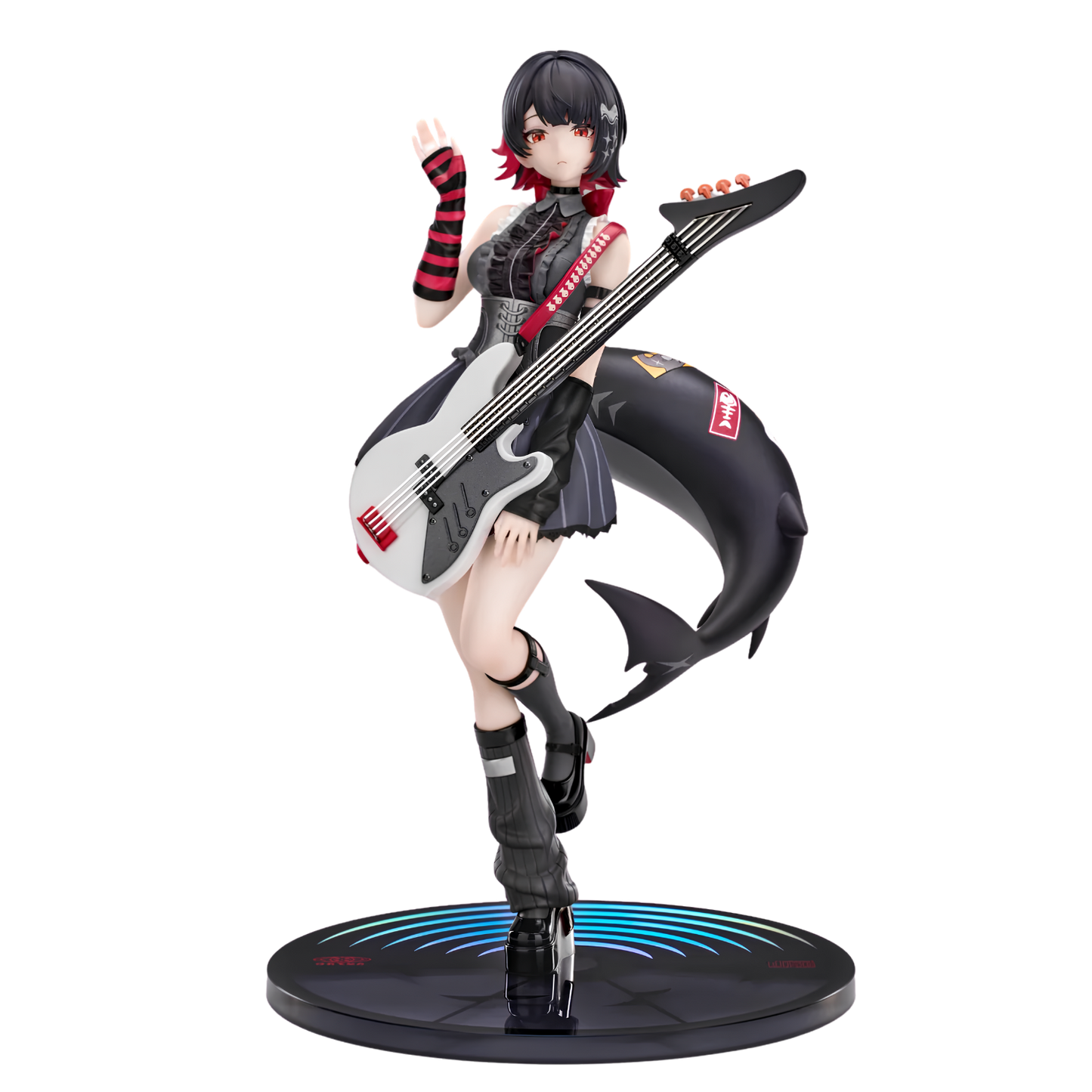 A detailed anime figurine of a female character with short black hair, wearing a black and red outfit, holding a white and black bass guitar, with a shark tail and standing on a circular base with blue light effects.