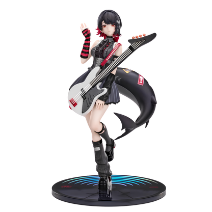 A detailed anime figurine of a female character with short black hair, wearing a black and red outfit, holding a white and black bass guitar, with a shark tail and standing on a circular base with blue light effects.