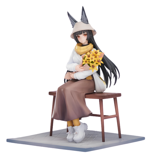 A detailed anime figurine of a girl with long black hair and pointed ears, wearing a beige hat, white top, yellow scarf, brown skirt, and white shoes, sitting on a wooden stool and holding a yellow flower bouquet.