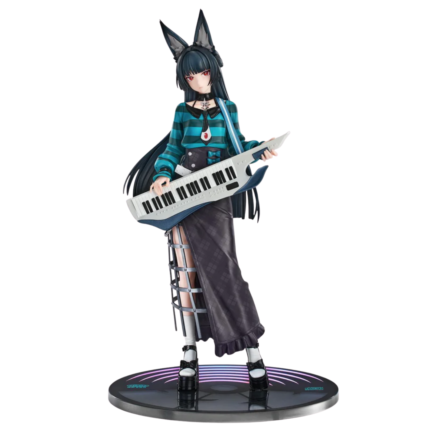 Figure of a character with animal ears holding a keyboard on a white background