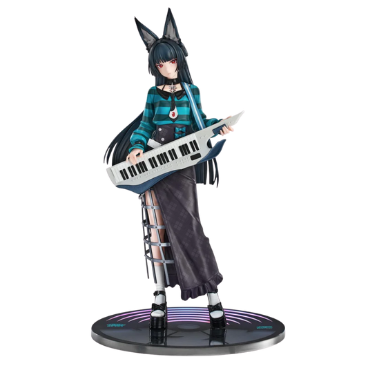 Figure of a character with animal ears holding a keyboard on a white background