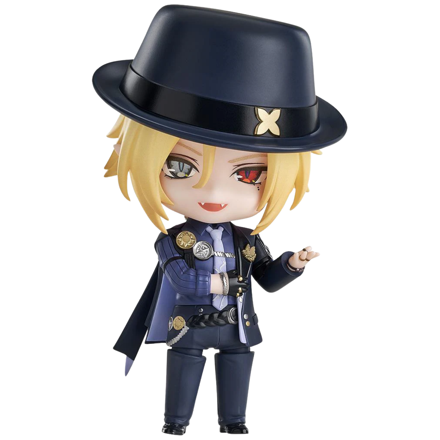 Anime character figurine with a black hat and detailed outfit on a white background