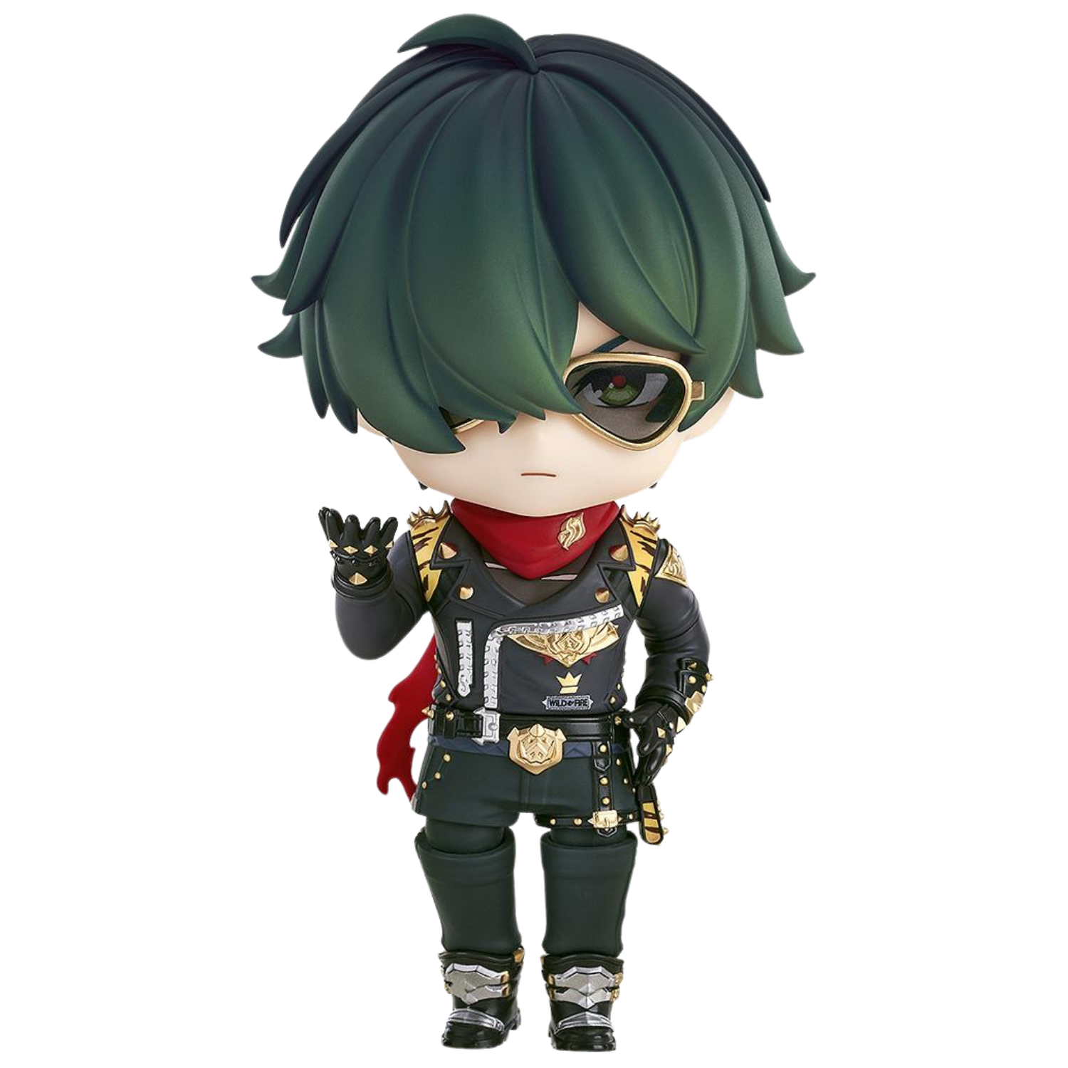 Animated character with green hair and a black outfit on a white background
