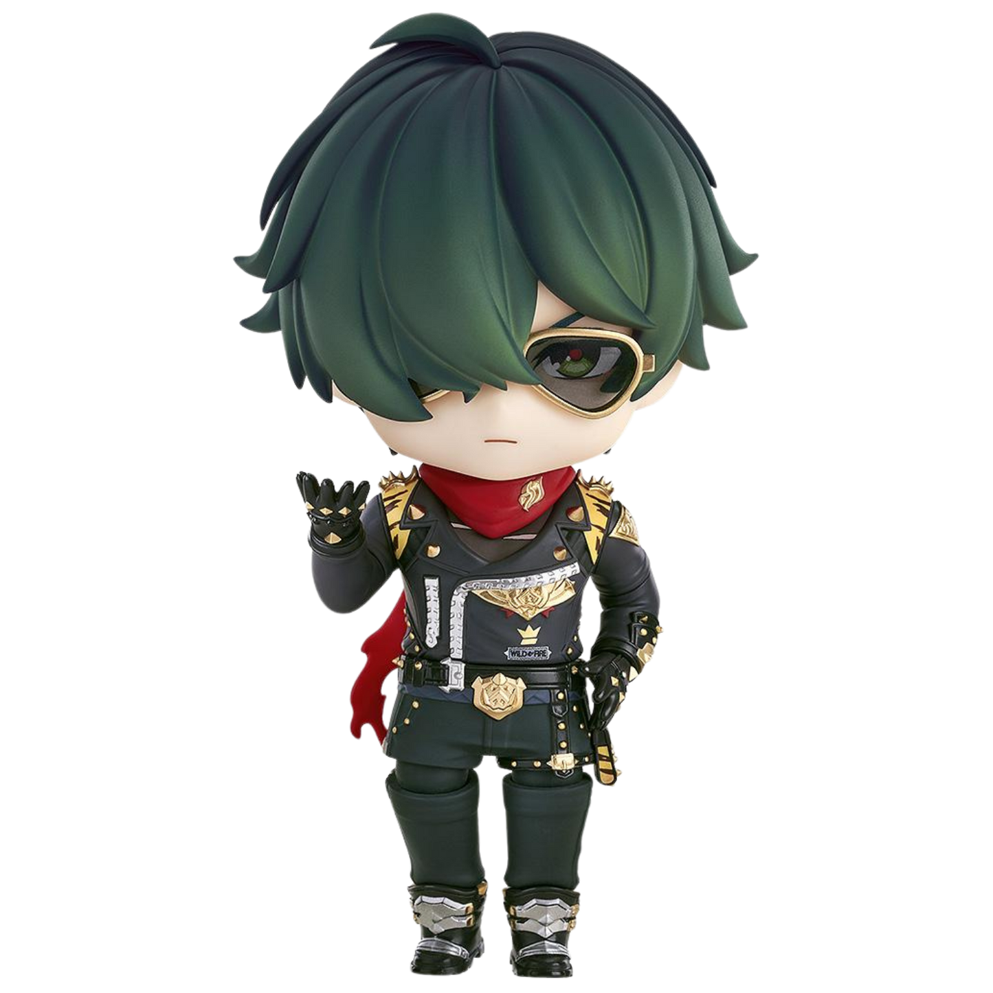 Animated character with green hair and a black outfit on a white background