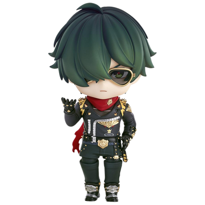 Animated character with green hair and a black outfit on a white background