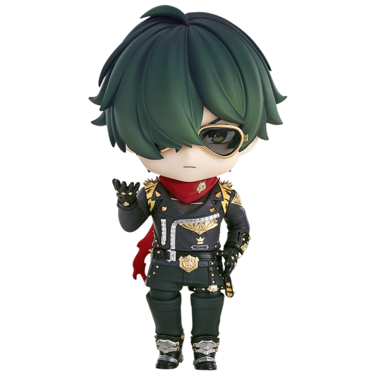 Animated character with green hair and a black outfit on a white background
