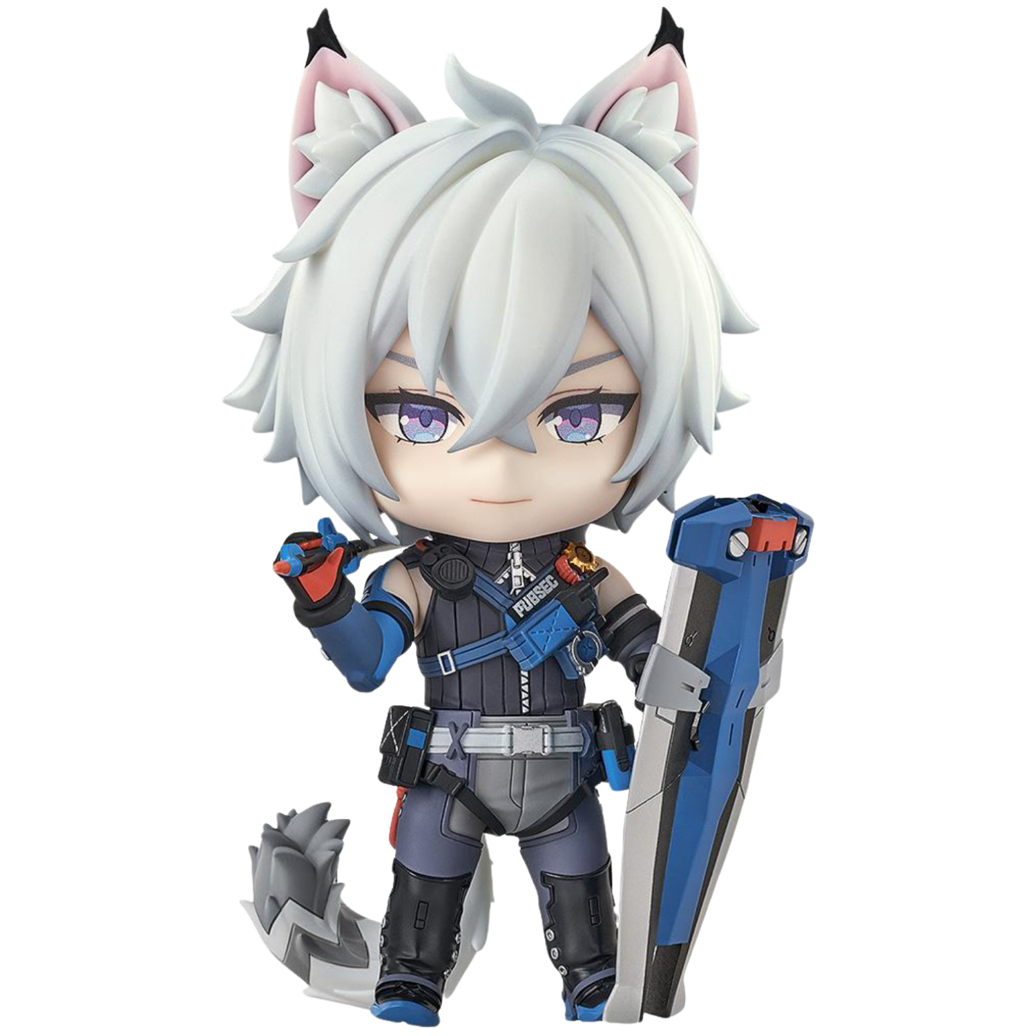 Animated character with white hair and animal ears holding a sword on a white background