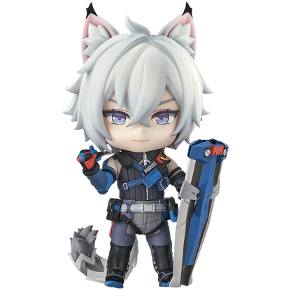 Animated character with white hair and animal ears holding a sword on a white background